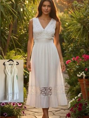 J GEE  Size PM White Smocked Fit Sleeveless Embroidery Beach Dress NWT